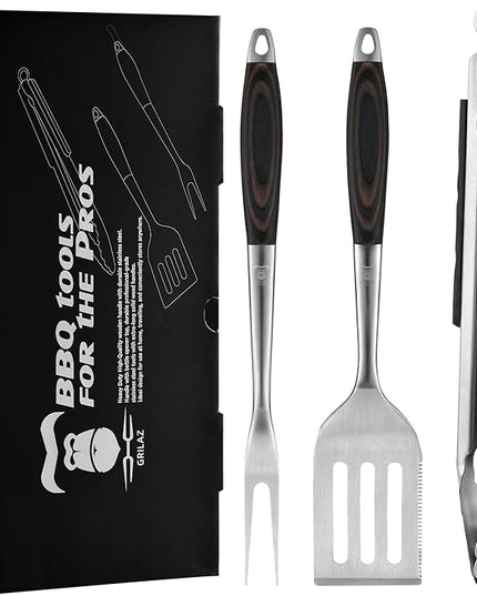 Stainless Steel BBQ Tool Set | Dark-Dyed Wood Handles | Heavy Duty Grilling Accessories | 3-Piece Outdoor Barbecue Grill Utensil Set with Spatula, Fork, and Tongs - Ideal Gift for Men…