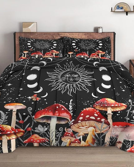 King Size Comforter Set with 2 Pillowcases, Sun Moon Boho Mushroom 3 Pcs Bedding for Kids and Adults, Astrology Tarot Witch Soft Comforter Set for Bedroom Bed Decor
