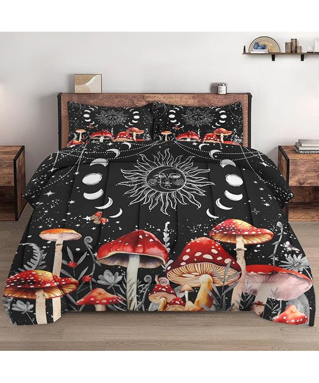 Twin Size Comforter Set with Pillowcase, Sun Moon Boho Mushroom 2 Pcs Bedding for Kids and Adults, Astrology Tarot Witch Soft Comforter Set for Bedroom Bed Decor