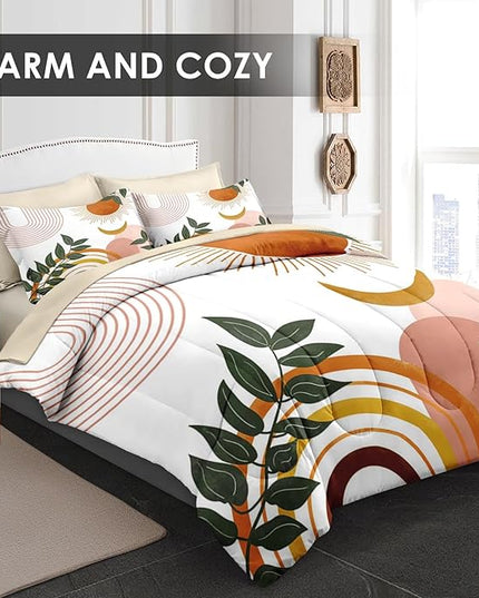 Comforter Set Queen Size, Boho Retro 7 Pcs Bedding for Kids and Adults, Vintage Sunshine Bed Sheet Sets with Fitted Sheet 2 Pillowcase & 2 Sham for Bedroom Bed Decor
