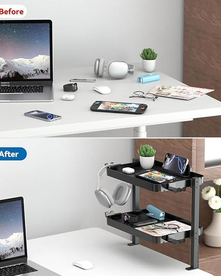 KDD Clamp On Desk Organizer - Adjustable 2-Tier Above or Under Desk Shelves with Large Capacity Tray, Phone & Tablet Holder, Headphone Hook - No Drilling Desktop Storage for Office & Home Accessories