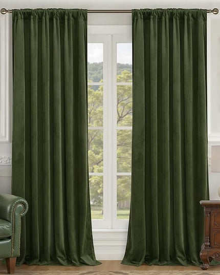 LAMIT Olive Green Velvet Curtains for Living Room 96 Inch Length, Luxury Thermal Insulated Blackout Panels Room Darkening Back Tab and Rod Pocket Window Drapes for Bedroom, 2 Panels, 52 x 96 Inch