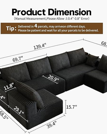 139.4" Modular Sectional Sofa, U-Shaped Minimalist Couches with 2 Middle Seats, Modern Deep Seat Convertible Sleeper Sofa Bed,Cloud Plush Corduroy Fabric, No Assembly Required, 6 Seater, Black