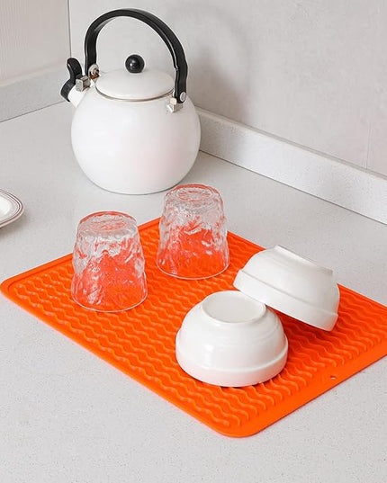 Silicone Dish Drying Mat for Multiple Usage,Easy clean,Eco-friendly,Heat-resistant Silicone Mat for Kitchen Counter or Sink,Refrigerator or drawer liner Orange L 16 inches x 12 inches