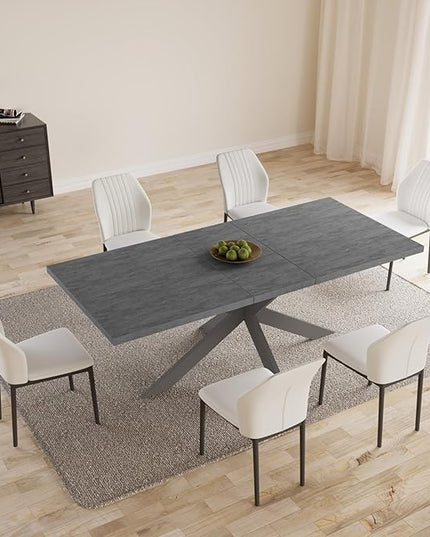 ZckyCine 6-8 People Modern Rectangular Kitchen Dining Table Extendable Dining Table Set for 6, 63–79 inch, Space-Saving Gray Table with 6 White PU Leather Cushioned Chairs, Metal Frame, Easy Assembly