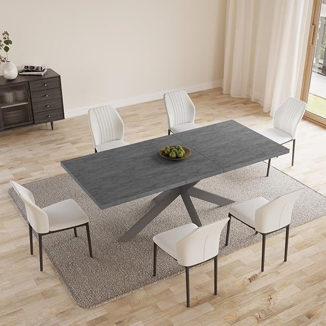 ZckyCine 6-8 People Modern Rectangular Kitchen Dining Table Extendable Dining Table Set for 6, 63–79 inch, Space-Saving Gray Table with 6 White PU Leather Cushioned Chairs, Metal Frame, Easy Assembly