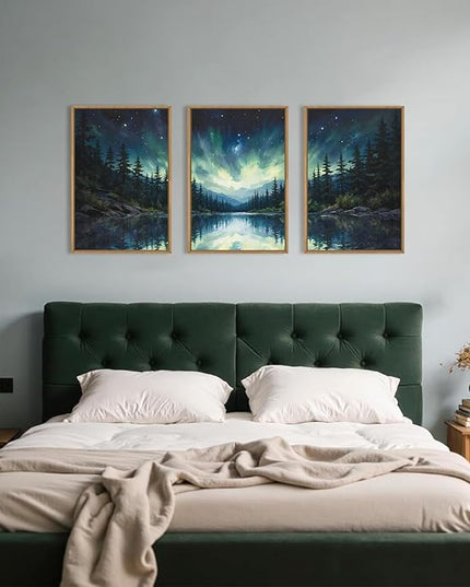 HOURIA Luminous Northern Lights Forest Lake Framed Canvas Wall Art Set,Starry Nordic Aurora Borealis Mountain Scenery Decor,Wilderness Pine Tree Reflection Artwork for Living Room,Farmhouse-16 x24 x3