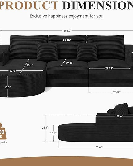 104”Sectional Couches for Living Room, Modular l Shaped Cloud Couch,Boneless Comfy Modern Sofa with Chaise, Deep Seat Convertible Sleeper Sofa Bed,No Assembly Required(Black-Corduroy Fabric) 1pcs