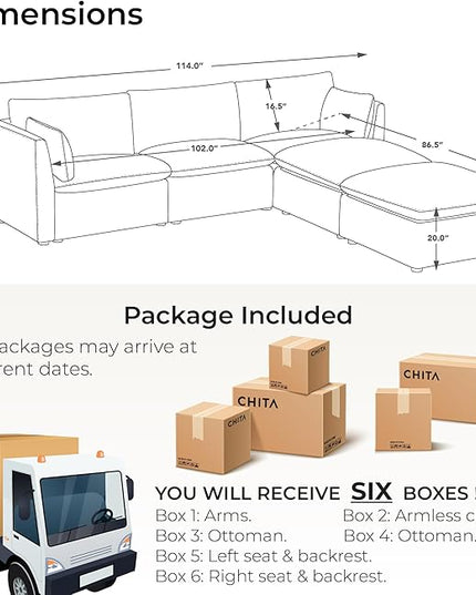 CHITA Luxury Oversized 114" L-Shaped Sectional Sofa Couch, Premium Down Filled Cloud Modular Sectional with 2 Storage Ottomans, FSC Certified, 5 Seat for Living Room, Snow