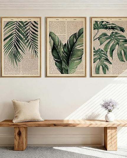 ANHUIB Large Botanical Prints Wall Art Framed Palm Leaf Wall Decor 16x24Inch Vintage Plant Art Prints Green Leaves Paintings Set of 3 for Living Room Bedroom Office