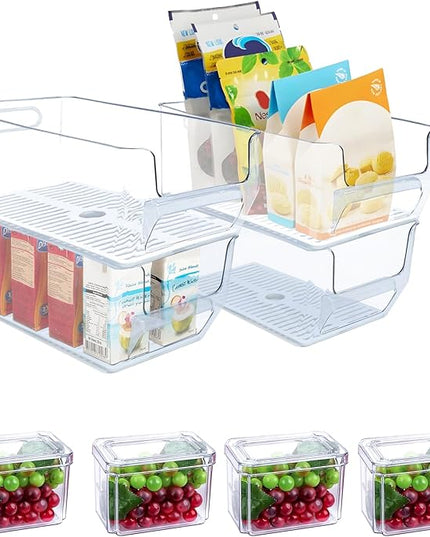 8Pcs Clear Plastic Storage Bins, Refrigerator Organizer Bins with Handles, Freezer Organizer Clear Organizing Bins, BPA-Free Fridge Storage Containers for Fridge, Freezer, Cabinet, Kitchen, Pantry