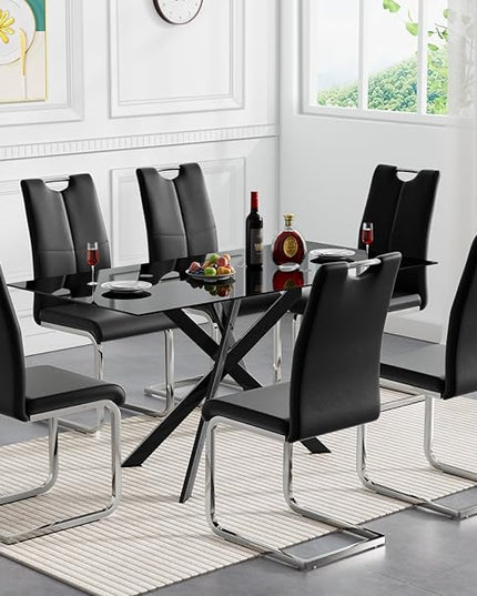 7 Piece Glass Dining Table Set, Glass Kitchen Dining Room Table Set for 6, Modern 51" Rectangular Black Glass Metal Dining Table with 6 Black Leather Dining Chairs for Kitchen Dining Room