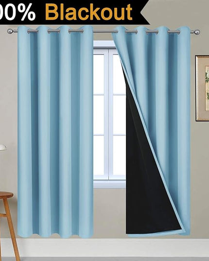 Yakamok 100% Blackout Lined Panels, Thermal Insulated Blackout Curtains for Bedroom, Heat Blocking Drapes for Living Room(52Wx72L, Sky Blue, 2 Panels)