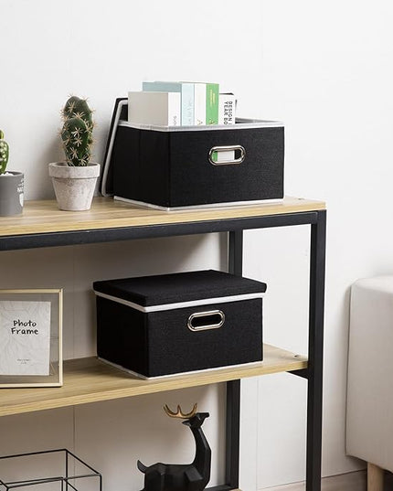 PRANDOM Storage Boxes with Lids [3-Pack] Fabric Collapsible Storage Bins Organizer Containers Baskets Cube with Cover for Home Bedroom Closet Office Nursery Black（11.4X8.6X6.7