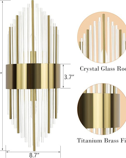 Modern Gold Wall Sconces Set of Two Crystal Sconces Wall Lighting 2-Light Brass Glass Wall Light Fixtures for Bedroom Living Room Bathroom Vanity Mirror Light Fixtures
