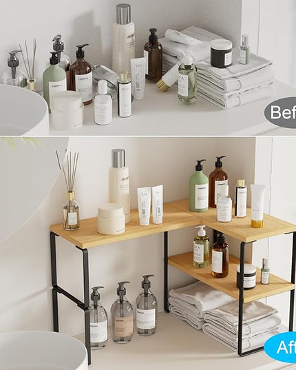 Golener Countertop Organizer Corner Shelf, 2-Tier Adjustable Stackable Corner Shelves for Kitchen, Spice Rack, Coffee Area, Over Sink, Bathroom, Dresser Table, Corner Counter Shelf Stand, Bamboo