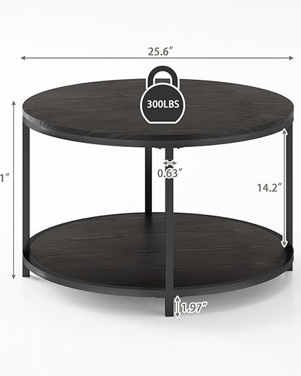 NSdirect Round Coffee Table, 25.6" Small Coffee Table for Living Room,2-Tier Rustic Wood Desktop with Storage Shelf Modern Design Home Furniture(Brown)