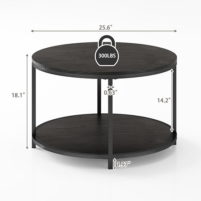 NSdirect Round Coffee Table, 25.6" Small Coffee Table for Living Room,2-Tier Rustic Wood Desktop with Storage Shelf Modern Design Home Furniture(Brown)