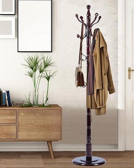Coat Racks Free Standing with 14 Hooks, Natural Wood Coat Stands for Entryway, Adjustable Height 72 in Tree Coat Rack Stand for Hallway Home Office Bedroom (Mahogany Ruyi)