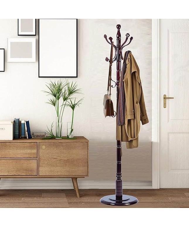 Coat Racks Free Standing with 14 Hooks, Natural Wood Coat Stands for Entryway, Adjustable Height 72 in Tree Coat Rack Stand for Hallway Home Office Bedroom (Mahogany Ruyi)