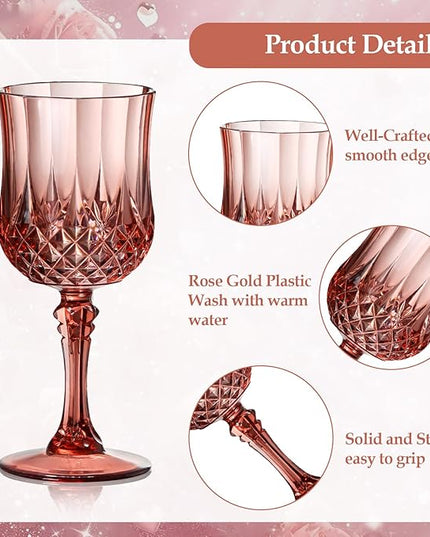 XUWAIDSGN 24 Pcs 7oz Plastic Vintage Wine Glasses Drinking Glasses Unbreakable Wedding Glassware Crystal Water Goblets Reusable Drinkware Vintage Champagne Flutes (24, Rose Gold)