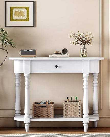 HMFULE Retro Curved Console Table, 36" Solid Wood Half Moon Console Table Sofa Table Entryway Table with 1 Drawer 1 Open Shelf Roman Legs Curved Corners for Living Room,Entryway,Hallway,White