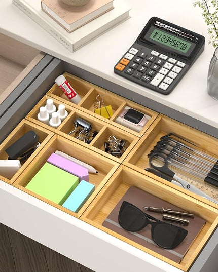 Bamboo Drawer Organizer, Set of 9 Wood Kitchen Junk Tea Desk Office Tray, Wooden Storage Boxes Organizers for Bathroom, Office (2" H 9 Boxes)