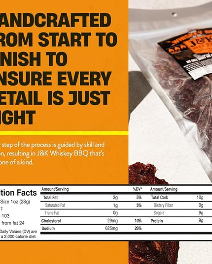 J&K Whiskey BBQ Beef Jerky - Small Batch American Made, Slab Beef Jerky Spicy and Savory Snack with a Kick - Bold & Flavorful Snack! - 7oz Big Bag