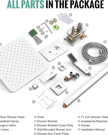 SR SUN RISE Polished Chrome Square Rainfall Shower Head and Handle Set, Wall Mounted Shower Fixtures, Metal Shower Faucet Trim Repair Kits (With Shower Valve) 16 Inches