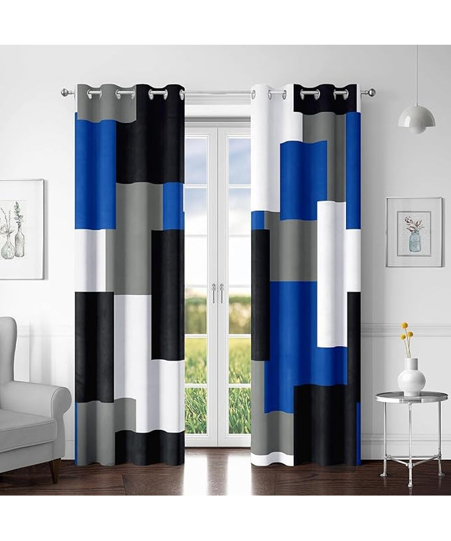 Royal Blue 100% Blackout Curtains for Bedroom 84 inch Long 2 Panels Set Modern Abstract Geometric Black Out Curtains Blue Gray Insulated Room Darkening Window Drapes for Living Room, 52Wx84L