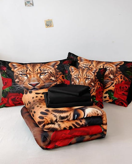 Bedbay Leopard Bedding Comforter Set Queen Size Rose Floral Bedding Set Rose Flowers and Wild Cheetah Print 8 Pcs Queen Bed in a Bag Set Teen Adults Animal Comforter Set with Sheets (Leopard,Queen)