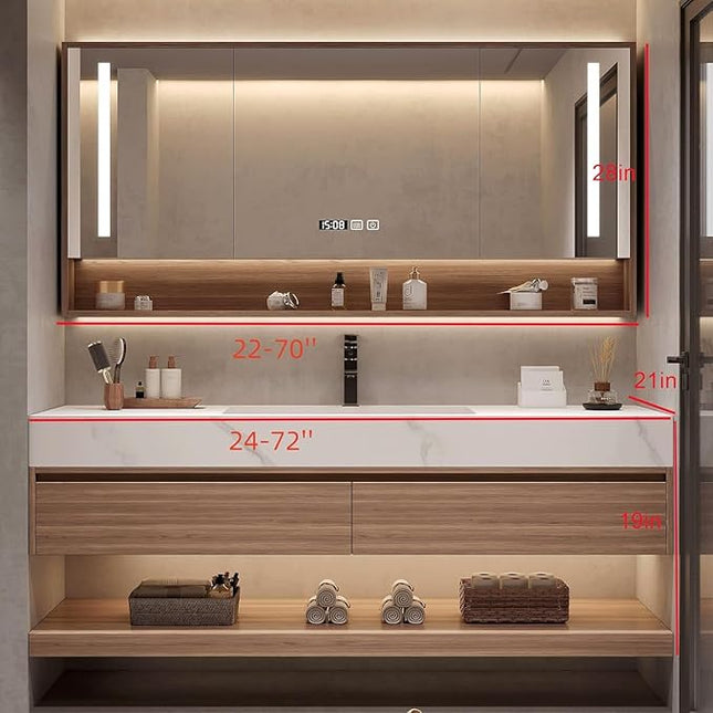 Wood Bathroom Vanity Set - LED Defogging Mirror | Wall Mounted Bathroom Vanity with Sink Include Open Storage & Mirror Cabinet Storage & 2 Drawers (38'')