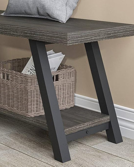 LVB Storage Bench, Industrial Indoor Entryway Bench, Wood Metal Hallway Accent Bench for Sitting, Rustic Shoe Rack Organizer Cabinet in Foyer Bedroom Living Room, Dark Gray Oak, 47 Inch Long
