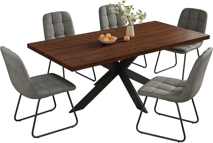 ZckyCine 7-Piece Dining Table Set with 51"-67" Extendable Walnut Wood Table and 6 PU Leather Chairs, Modern Rectangular Kitchen Table Set with Metal Legs, Seats 6, Easy Assembly