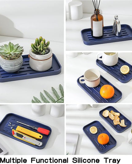 Silicone Kitchen Sink Organizer Tray for Multiple Usage,Eco-Friendly Sponges Holder for Kitchen Bathroom Counter or Sink,Dish Soap Dispenser,Scrubber,Bottle,Cup (Navy Blue, 10"×5.3")