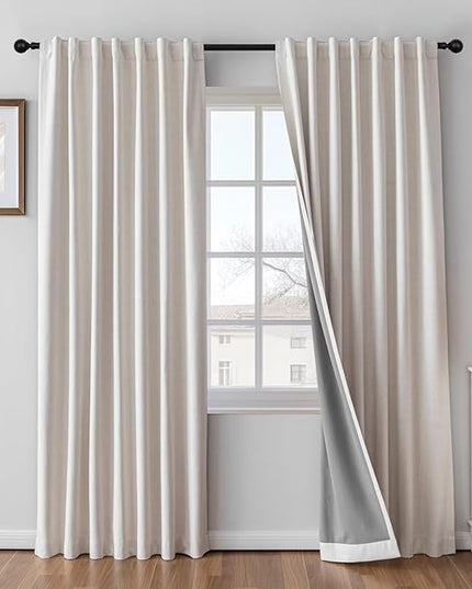100% Blackout Curtains 84 inch Length 2 Panels Faux Linen Long Drapes for Bedroom Living Room Black Out Room Darkening Curtain Thermal Insulated Back Tab Rod Pocket(W52 x L84, Natural)