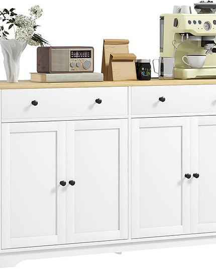 HOMCOM Sideboard Buffet Cabinet with Storage, 55" Modern Kitchen Cabinet with 4 Doors, 2 Drawers and 2 Adjustable Shelves, Coffee Bar, White
