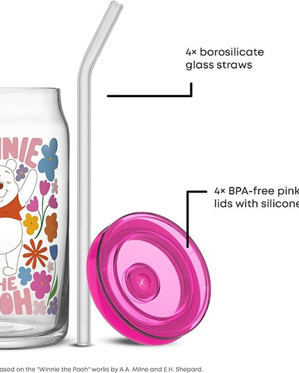 JoyJolt Disney Winnie the Pooh & Friends Flower Power Glass Tumblers with Lids and Straws, 16oz Glass Cups with Lids and Straws, Can Shaped Drinking Glasses Set of 4, Disney Gifts for Adults