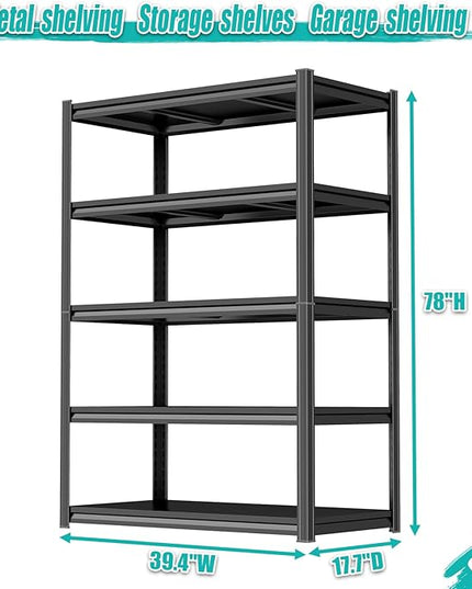 78" H Garage Shelving 5 Tier Storage Shelves Adjustable Metal Shelving Unit 3500 LBS Heavy Duty Steel Shelf for Kitchen Warehouse Pantry Basement, 78" H x 40" W x 18" D, Black