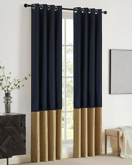 BULBUL Color Block Window Curtains Panels 72 inches Long Navy Blue Gold Velvet Farmhouse Drapes for Bedroom Living Room Darkening Treatment with Grommet Set of 2