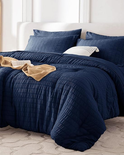 MUXHOMO 5 Pieces Twin XL Comforter Set, Seersucker Bed in a Bag Twin XL Size, All Season Luxury Bedding Set with Comforter, Flat Sheet, Fitted Sheet, Pillowcase & Sham, Navy Blue