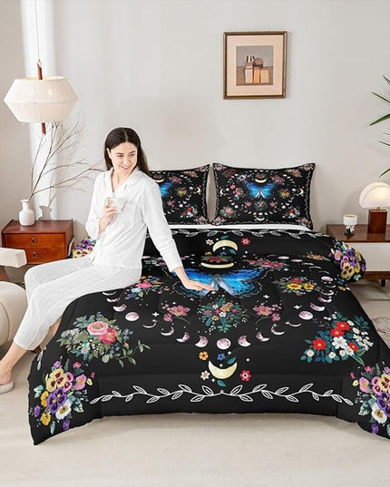 Sun and Moon Kids Comforter Set King Size,Starry Sky Galaxy Planet Trippy Bedding Set,Boys Girls Adults Room Decor,Butterfly Flowers Boho Exotic Down Comforter,Colorful Duvet Insert,2 Pillowcases