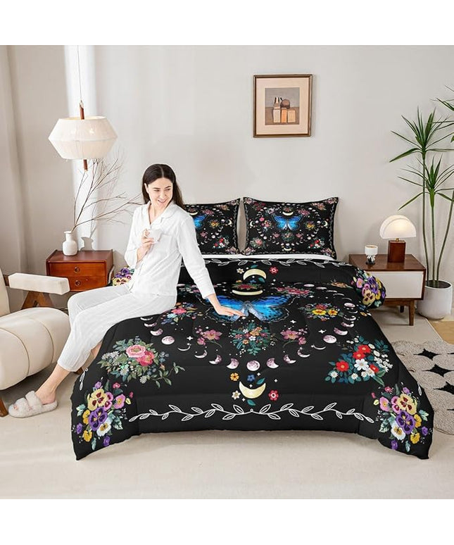 Sun and Moon Kids Comforter Set Queen Size,Starry Sky Galaxy Planet Trippy Bedding Set,Boys Girls Adults Room Decor,Butterfly Flowers Boho Exotic Down Comforter,Colorful Duvet Insert,2 Pillowcases