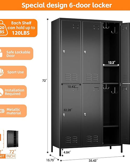 Aobabo Upgrade Metal Storage Locker for Employees, 6 Doors Steel Storage Locker with 18 Hooks for Office Gym School, Industrial Storage with 6 Shelves, Assembly Required, Black