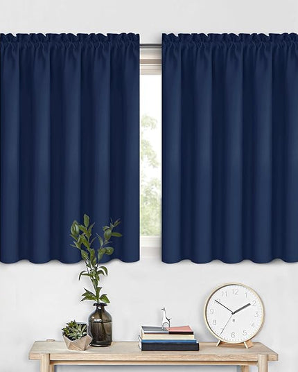 DWCN Short Curtains for Bathroom Windows 36 inches Length 2 Panels Set, Half Window Blackout Curtains for Kitchen, Rod Pocket Energy Saving Drapes (W60 x L36 Inch, Navy Blue)