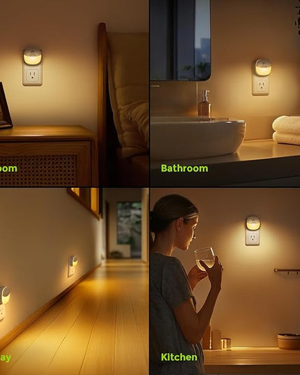 AUVON Plug in Night Light with Motion Sensor and Dusk to Dawn Sensor, Mini Warm White LED Nightlight with 1-50 lm Adjustable Brightness for Bathroom, Hallway, Stairs, Bedroom, Kitchen, 4 Packs
