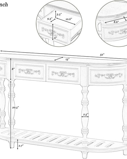 HMFULE Retro Curved Console Table, 52" Solid Wood Half Moon Console Table Sofa Table with 4 Drawers 1 Open Shelf for Living Room,Entryway,Hallway,Antique Blue