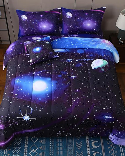 JQinHome Full Galaxy Comforter Sets 6 Piece Bed in A Bag, Outer Space Themed Bedding for Children Boy Girl Teen Kids,1 Comforter, 1 Flat Sheet, 1 Fitted Sheet, 2 Pillowshams, 1 Cushion Cover(Purple)