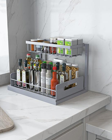 REALINN Under Sink Organizer, Pull Out Cabinet Organizer 2 Tier Slide Out Sink Shelf Cabinet Storage Shelves, Storage for Kitchen Bathroom, Grey, 2 Pack