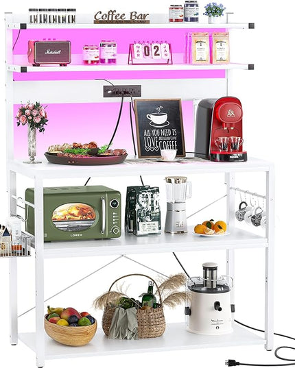 Aheaplus Bakers Rack with Power Outlet, Microwave Stand, 5 Tiers Coffee Bar Station with Led Lights, Kitchen Storage Shelf with 6 S-Shaped Hooks, Kitchen Rack Coffee Bar Stand, White